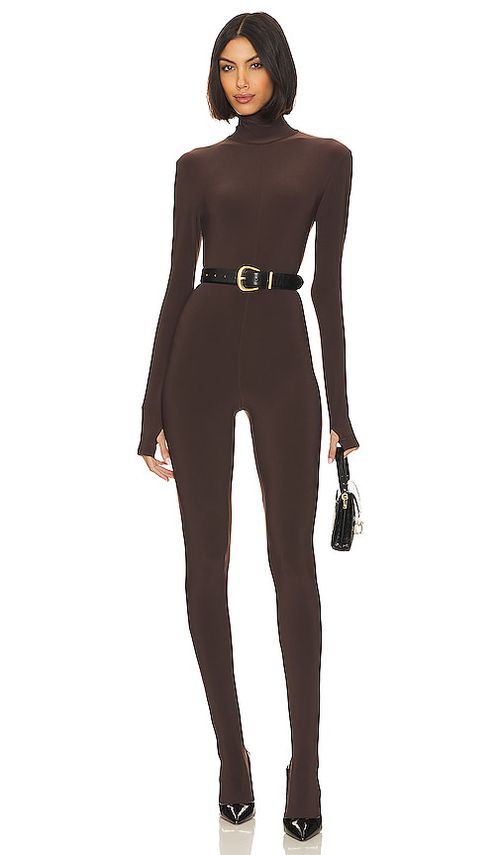 Norma Kamali Slim Fit Turtle Catsuit With Footsie in Chocolate. -  XL also in L