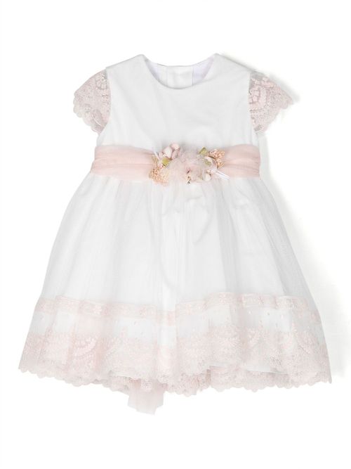 Belted lace-appliqué flared dress - White