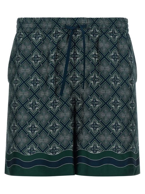 Monogram-Print Silk Bermuda Shorts — Navy