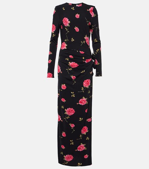 Floral-appliqué gathered maxi dress