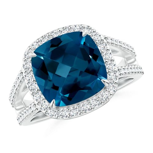 Angara 5.15 Carats Cushion London Blue Topaz Split Shank Ring with Diamond Halo in Platinum