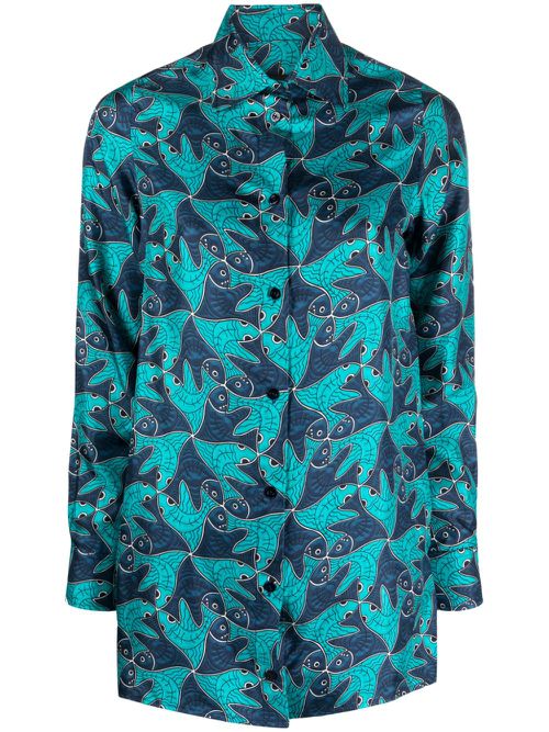 Fish-pattern silk shirt - Blue