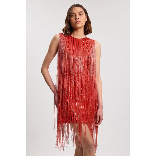 Karen Millen Womens Beaded Fringed Sleeveless Woven Midi Dress - Orange