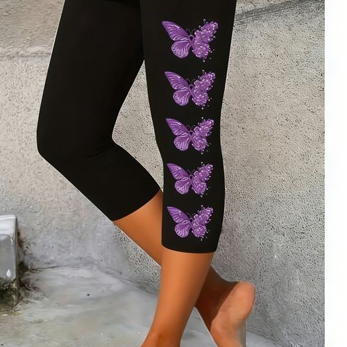 TEMU Women's High Waist Purple Pattern Printed Tight Leggings- Stretchy Black Pants, Suitable For All , Daily Casual Wear, Machine Washable