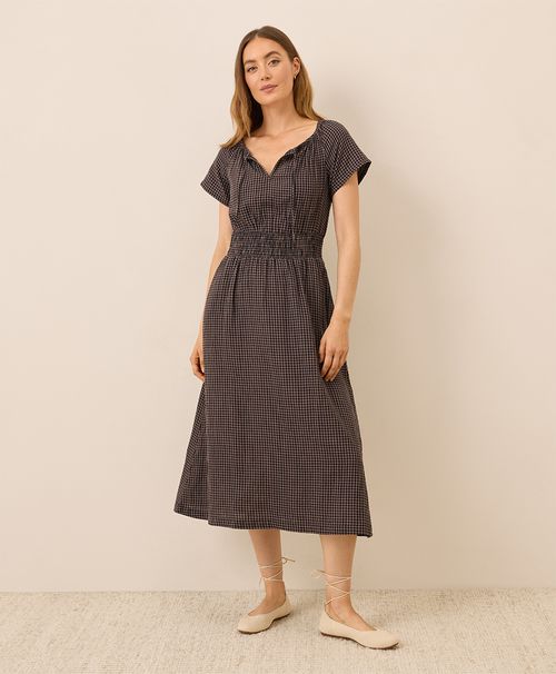 Women's Autumn Gingham Coastal Double Gauze Boho Midi Dre