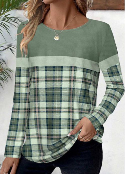 Modlily Sage Green Patchwork Plaid Long Sleeve T Shirt