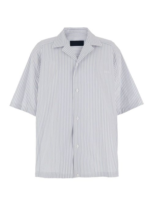 Juun. J Blue Bowling Shirt With Cuban Collar And All-over Striped Motif In Cotton Blend Man