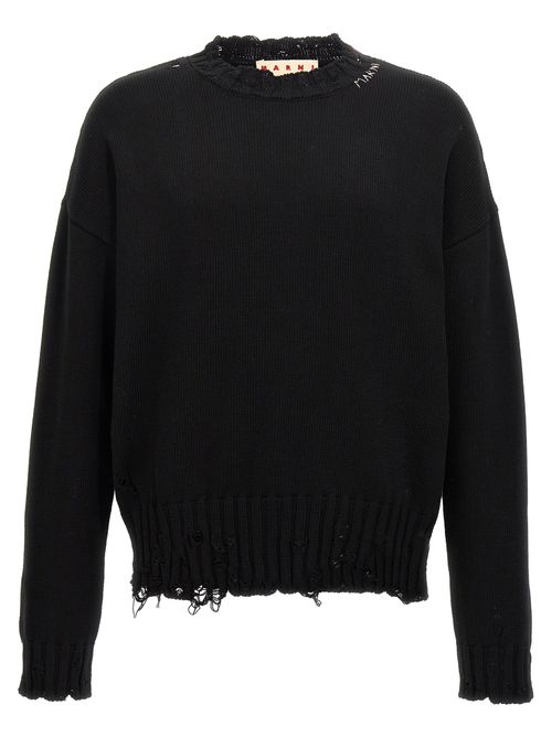 Distressed Cotton Crew Neck Sweater — Black