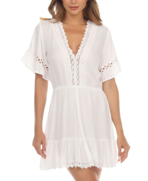 Women's V-Neck Short-Sleeve Lace-Trim Dress Cover-Up - White