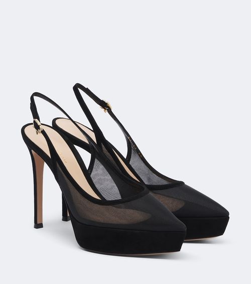 Suede-trimmed mesh platform slingback pumps