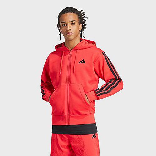Men's Essentials 3-Stripes Fleece Full-Zip Hoodie in Pure Ruby/Black
