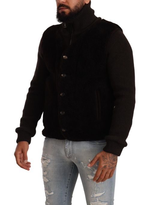 Leather Bomber with Turtleneck Collar Jacket — Black