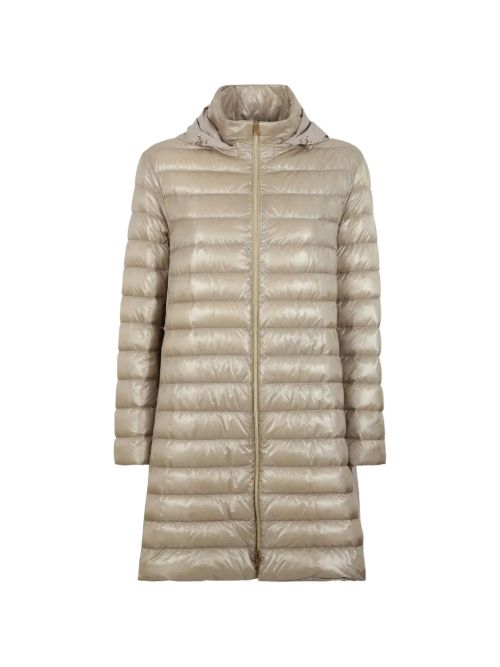 Quilted Detachable-Hood Down Jacket — Beige