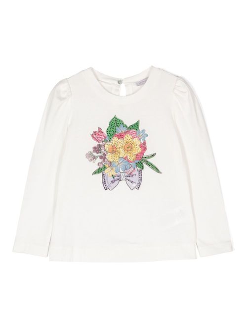 Floral-embroidery long-sleeve tunic - White