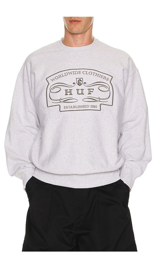 HUF Worldwide Clothiers Crewneck Sweatshirt in Grey. L. Also in S, M, XL/1X