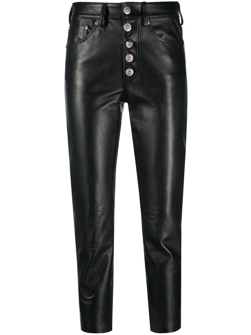 Leather high-waisted cropped trousers - Black