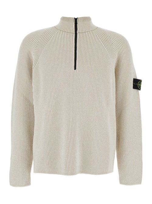 Wool Stretch Half-Zip Sweater — White
