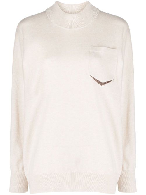 Bead-detail knitted cashmere sweater - Neutrals