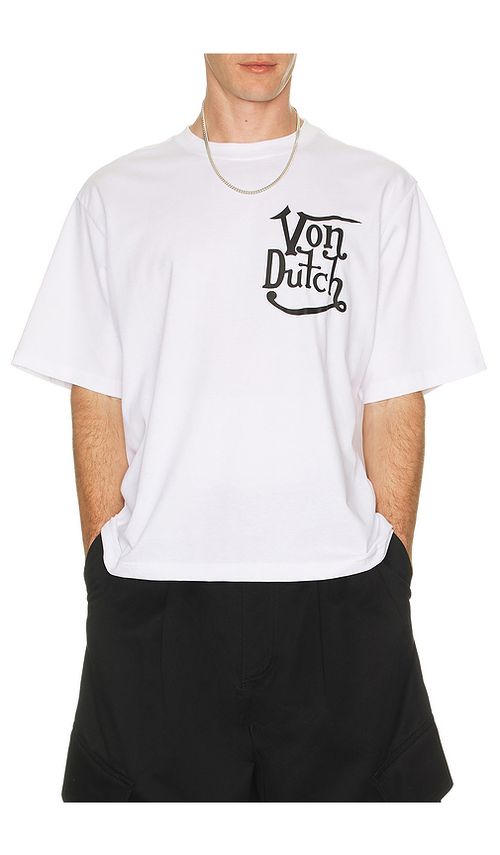 Von Dutch Short Sleeve Boxy Crop Tee in White. M. Also in S, L, XL/1X
