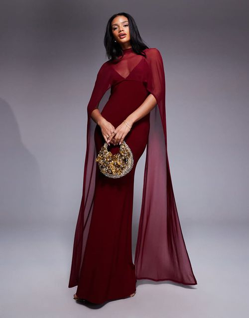 Exaggerated cape maxi dress in burgundy-Red