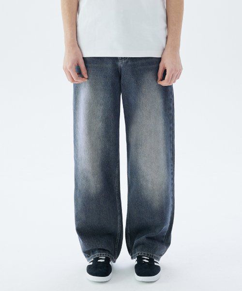 Front Washing Wide Denim Pants_BLUE GRAY