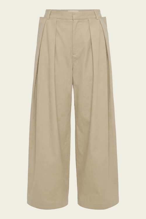 Luxe Spring Twill Tucked Pleated Wide Leg Trouser in Taupe