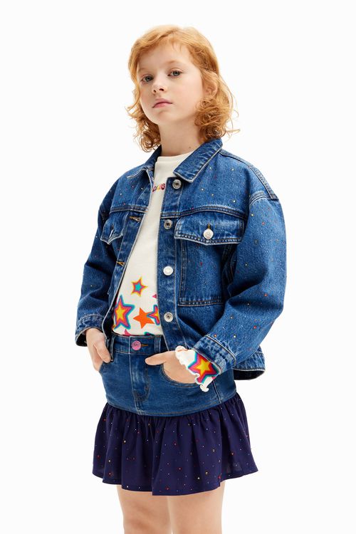 Denim mini skirt with ruffle and polka dot