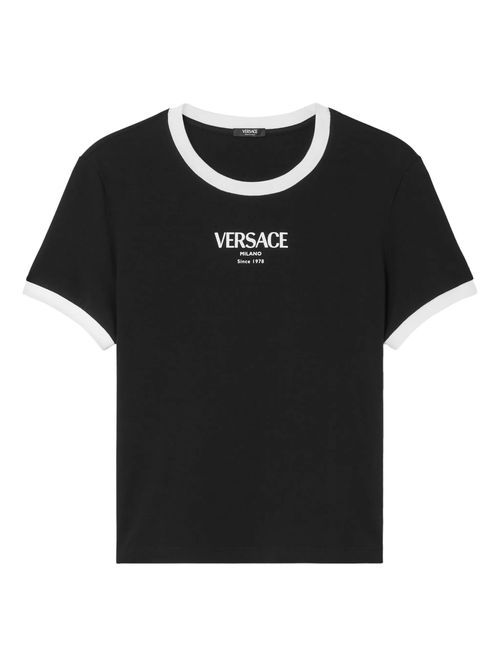 Logo Motif Short-Sleeve Crewneck Top with Ribbed Trims (Size 38)