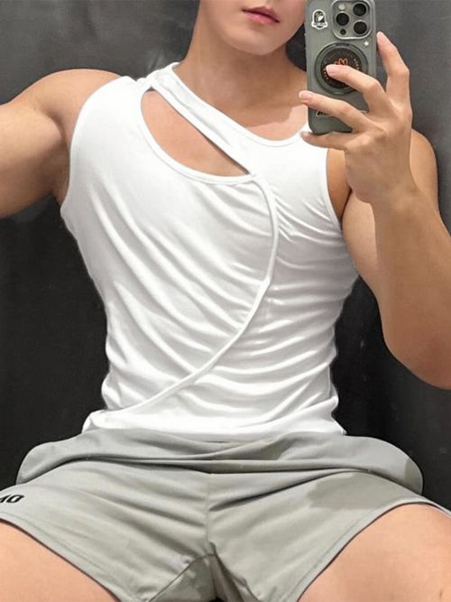 Mens Solid Color Hollow-Out Design Tank SKUK95559 - White / S