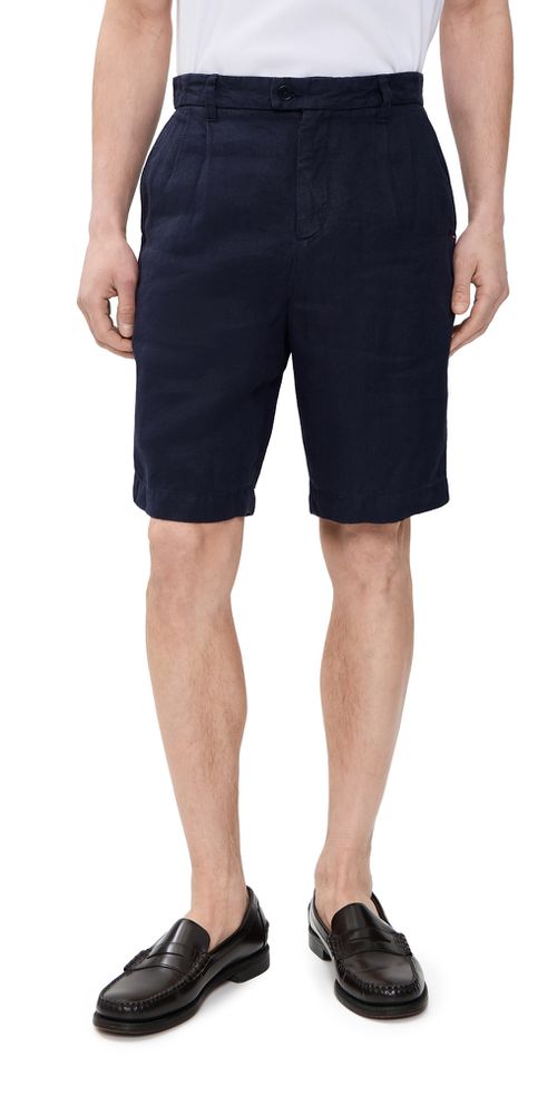 Linen Double Pleated Shorts Navy