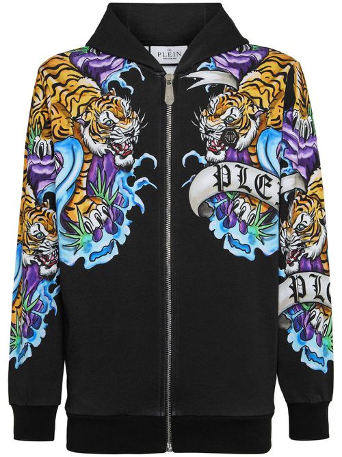 Tattoo-print zip-up hoodie - Black