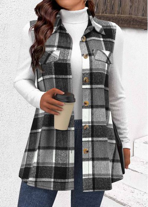Modlily Dark Camel Patchwork Plaid Sleeveless Shirt Collar Waistcoat