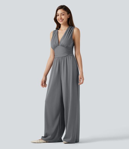 V Neck Sleeveless Ruched Stripes Work Jumpsuit with Pockets-Easy Peezy  - Slate Pinstripe