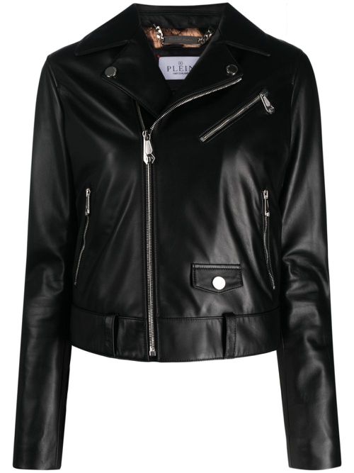 Crystal-embellished leather biker jacket - Black