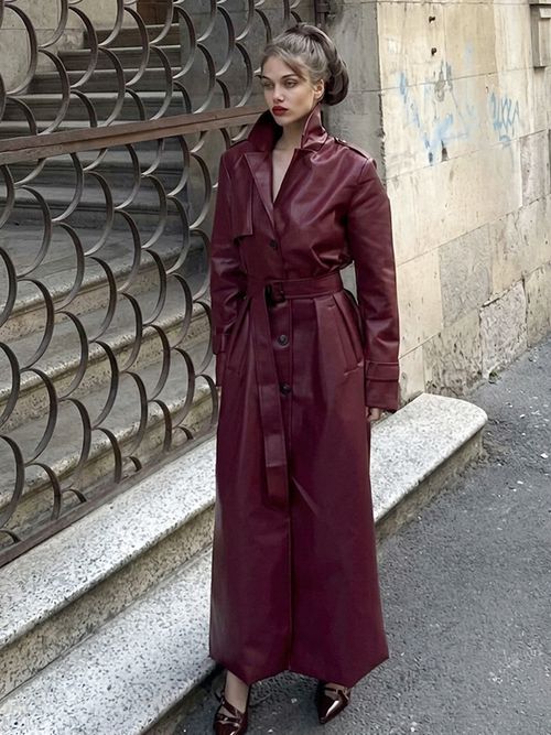 Faux eather Trench Coat Women - Single Breasted Belted Maxi Jacke - Spring Chic Street Outerwear