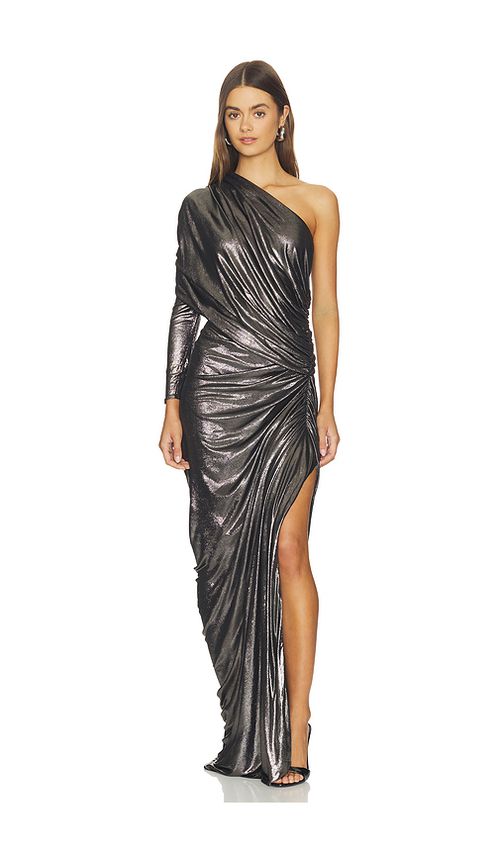 Atlein One Sleeve Draped Gown in Metallic Silver. - 36 also