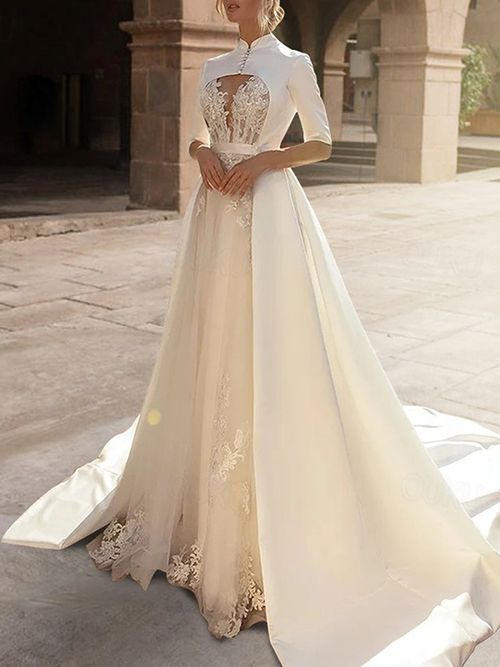 Vintage Wedding Dresses V-Neck Half Sleeves Tulle With Train Lace Bridal Dre
