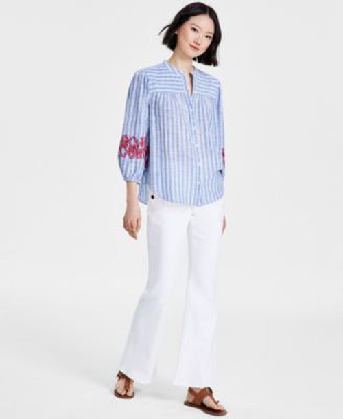 타미힐피거 여성 Womens Striped Embroidered Tunic Top Flared Leg Sailor Jeans