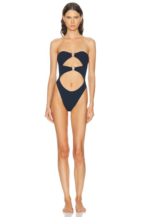 Bond Eye Lark One Piece Swimsuit in Onyx Leopard Jacquard Crinkle - Navy. a