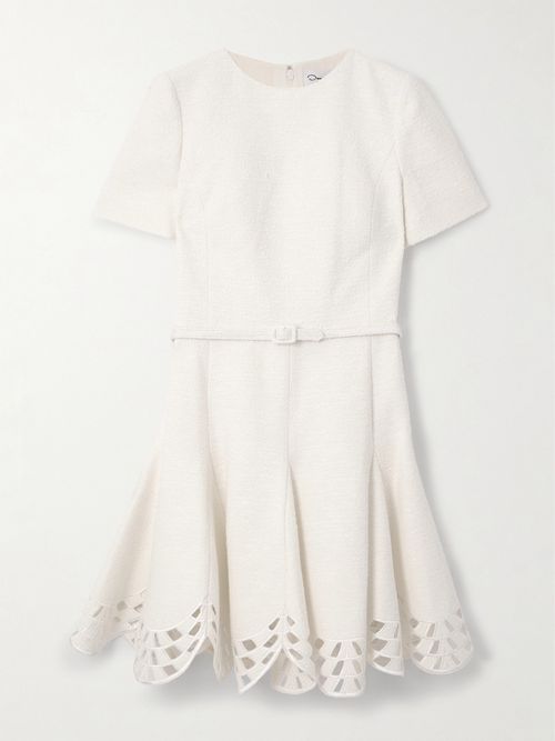 Embroidered Cutout Cotton-blend Tweed Mini Dress - White