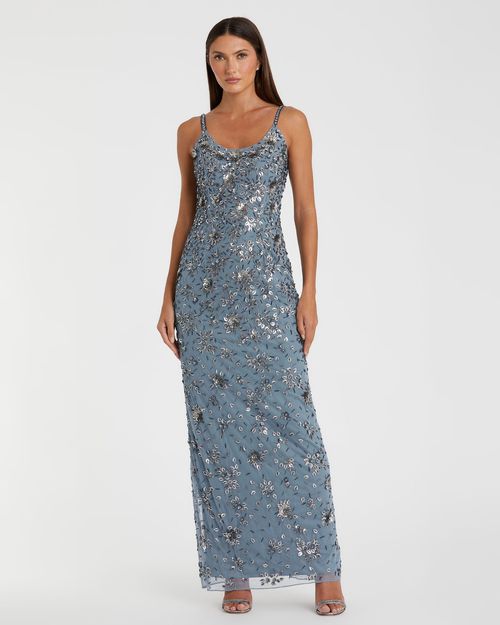 Blue Floral Embellished Scoop Neck Wedding Guest Evening Gown In Slate Grey