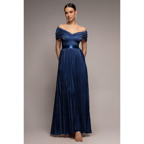 Goddiva Bardot Pleated Skirt Maxi Dress - Navy