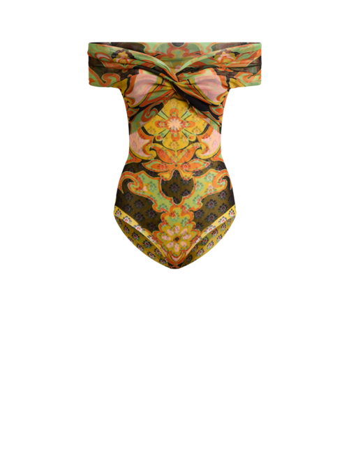 Tulle Bodysuit With Open Shoulders And Placed Floral Print