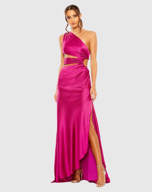 Pink Cut Out One Shoulder Satin Wedding Guest Maxi Gown In Magenta