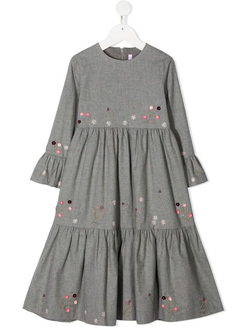 Floral embroidered long tiered dress - Grey