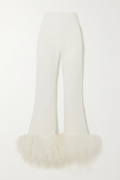 Brisbane Cropped Feather-trimmed Crepe Wide-leg Pants - Ivory