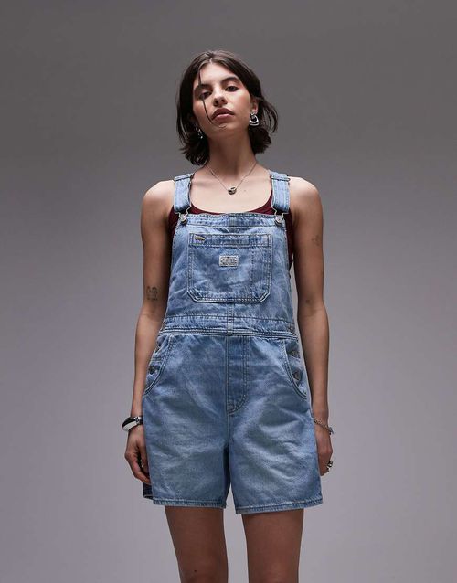 Utility denim shortall dungarees in light wash-Navy