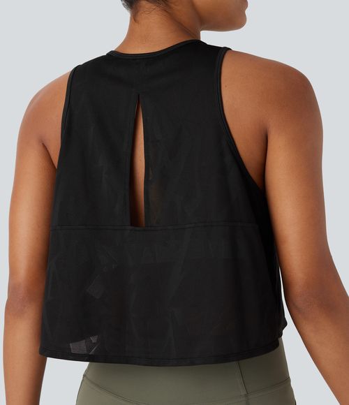 Round Neck Cut Out Cropped Yoga Tank Top Tank Top - Black