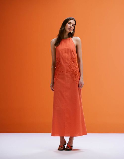 ASOS DESIGN low back halter midi dress with waist embroidery in orange