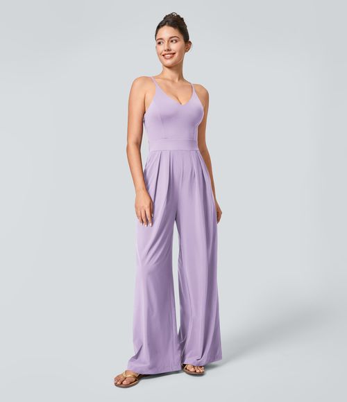 Breezeful™ Backless Side Invisible Zipper Pocket Wide Leg Quick Dry Resort Slip Jumpsuit  - Leisurely Lavender
